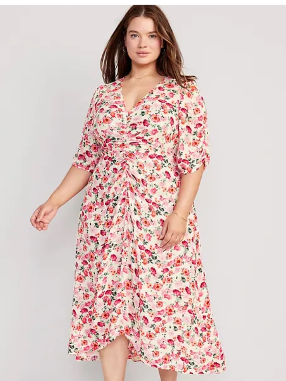 Old Navy Pink Floral Ruched V-Neck Midi Dress